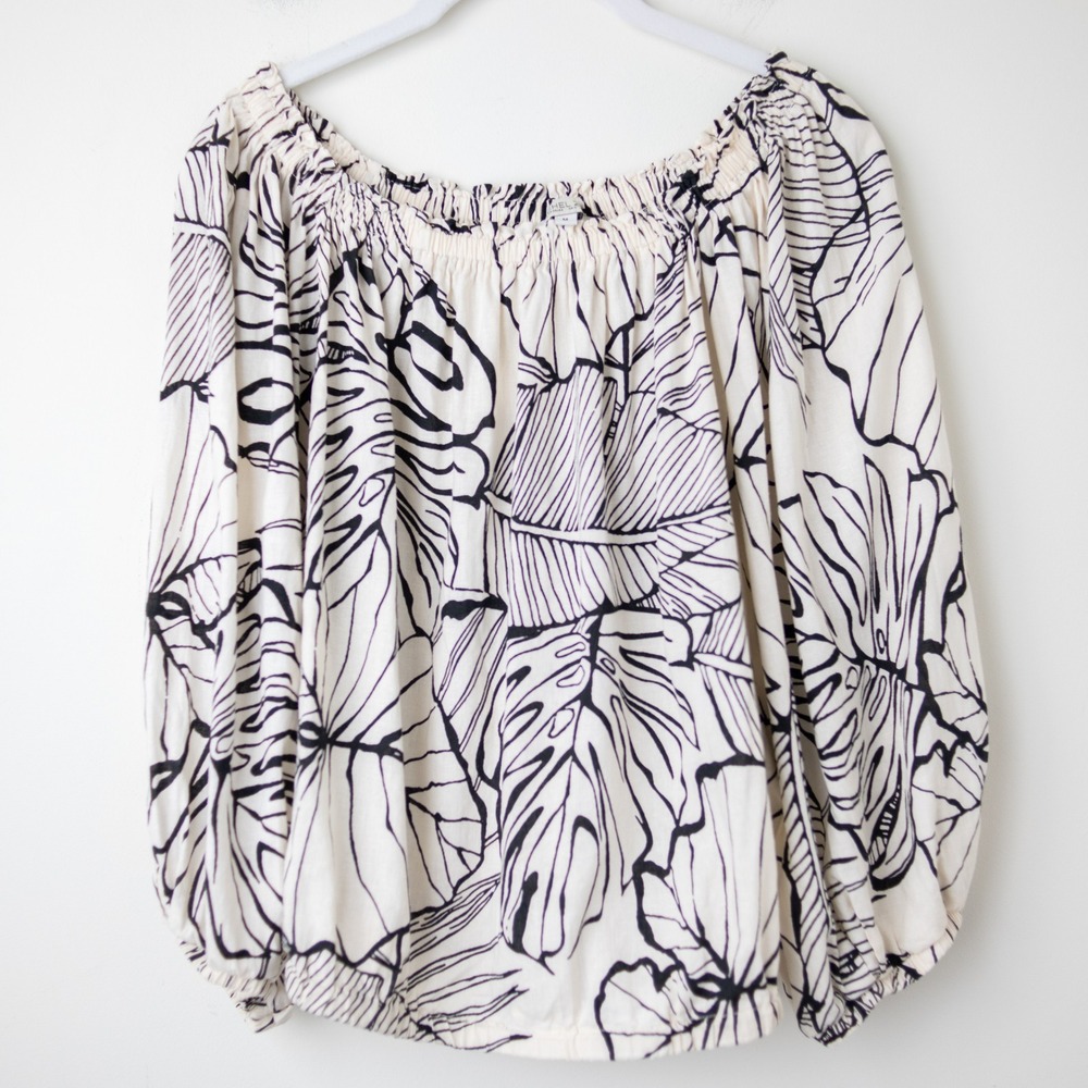 Rachel Zoe Linen Blend Top Womens M White Black Resortwear Tropical Palm